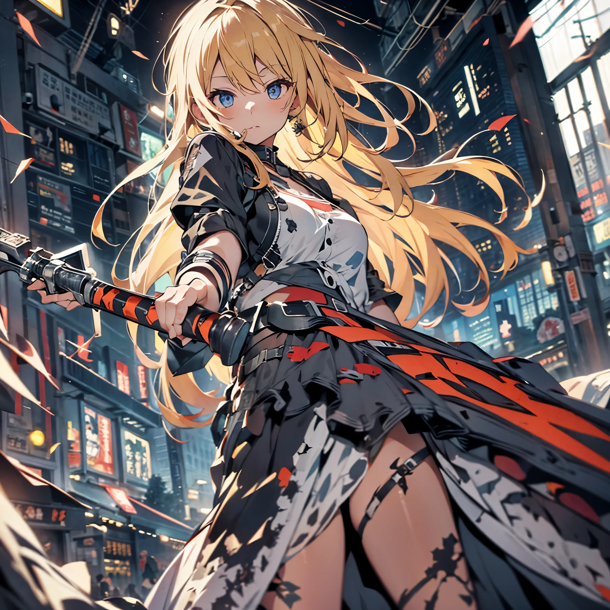 high quality, masterpiece, super detailed, Girl, blond hair, tattered clothes, holding a sword, 