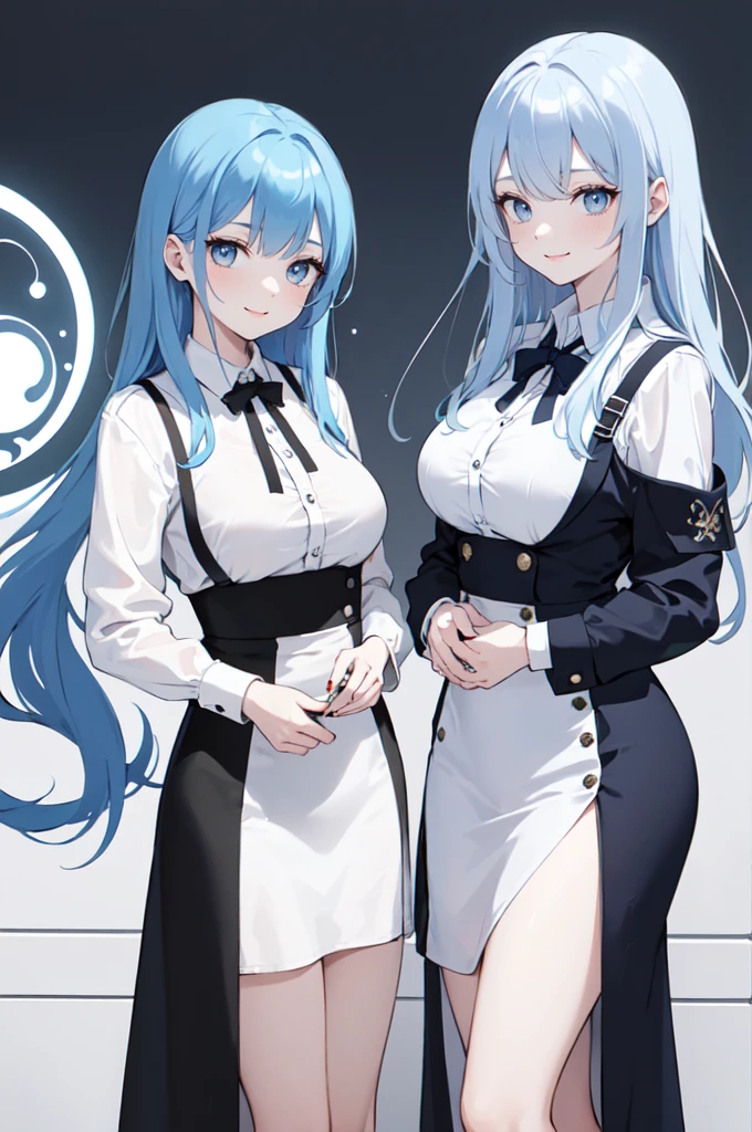 (masterpiece), (best quality), (ultra detailed),(dishevelled hair),(illustration), ((twins sisters, blue hair)(2woman)), long hair, standing, Fashion model ( ying yang clothes), looking at viewer, (interview), (casual school background),beautiful blue eyes, delicate beautiful face, ,(high saturation),(colorful splashes),(shining), blue hair (shining), bangs, best lighting, best shadow. smiling. big breast. ying yang