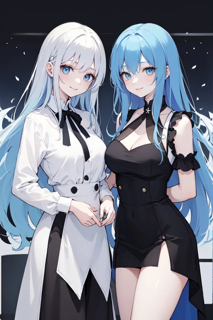 (masterpiece), (best quality), (ultra detailed),(dishevelled hair),(illustration), ((twins sisters, blue hair)(2woman)), long hair, standing, Fashion model ( ying yang clothes), looking at viewer, (interview), (casual school background),beautiful blue eyes, delicate beautiful face, ,(high saturation),(colorful splashes),(shining), blue hair (shining), bangs, best lighting, best shadow. smiling. big breast. ying yang