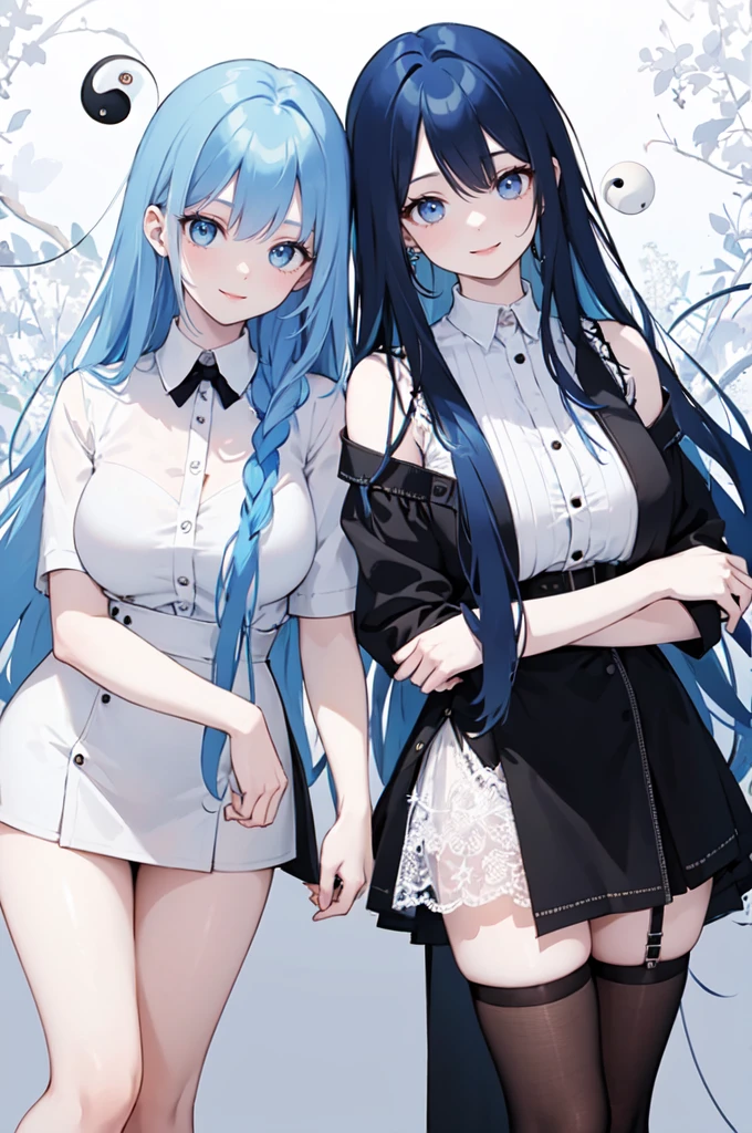(masterpiece), (best quality), (ultra detailed),(dishevelled hair),(illustration), ((twins sisters, blue hair)(2woman)), long hair, standing, Fashion model ( ying yang clothes), looking at viewer, (interview), (casual school background),beautiful blue eyes, delicate beautiful face, ,(high saturation),(colorful splashes),(shining), blue hair (shining), bangs, best lighting, best shadow. smiling. big breast