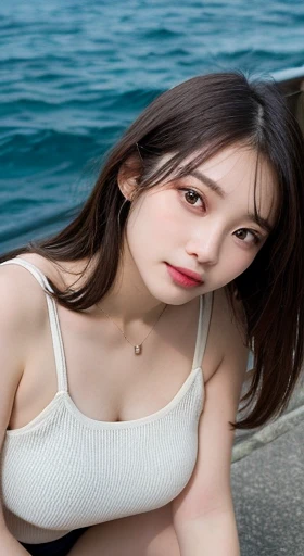 finely, High resolution, high quality、完璧なダイナミックな構figure, beautiful and fine eyes, medium hair, 、natural color lip,Kamimei、Shibuya Ward、20 year old girl、1 person、transparent skin、shining hair、Ocean, 最high quality, figure, super detailed, finely, High resolution, 8K、correct state of the human body、squat、hair flying in the wind、small breasts、camisole、Angle from above、upward glance