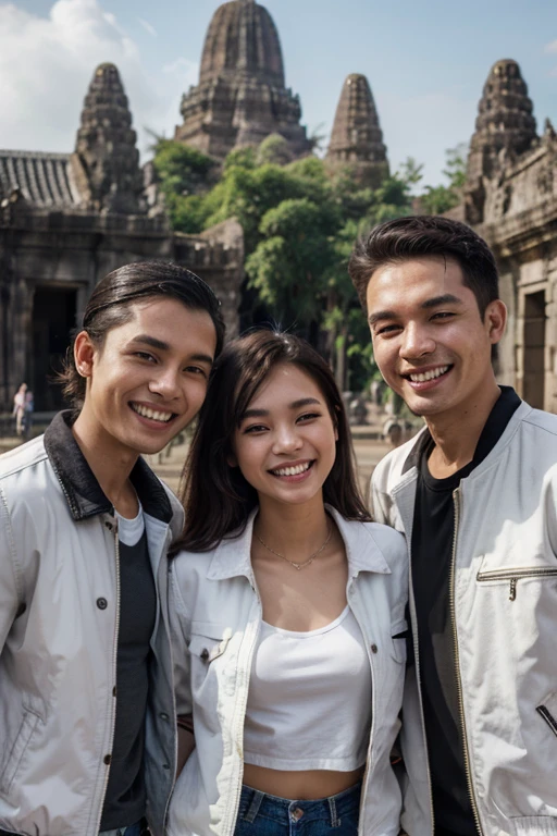 a skinny girl wear jacket, youth shirt, takes a photo with 3 men wear jeans jacket, laughing, and white jacket, in prambanan temple, high res, ultrasharp, 8K, masterpiece