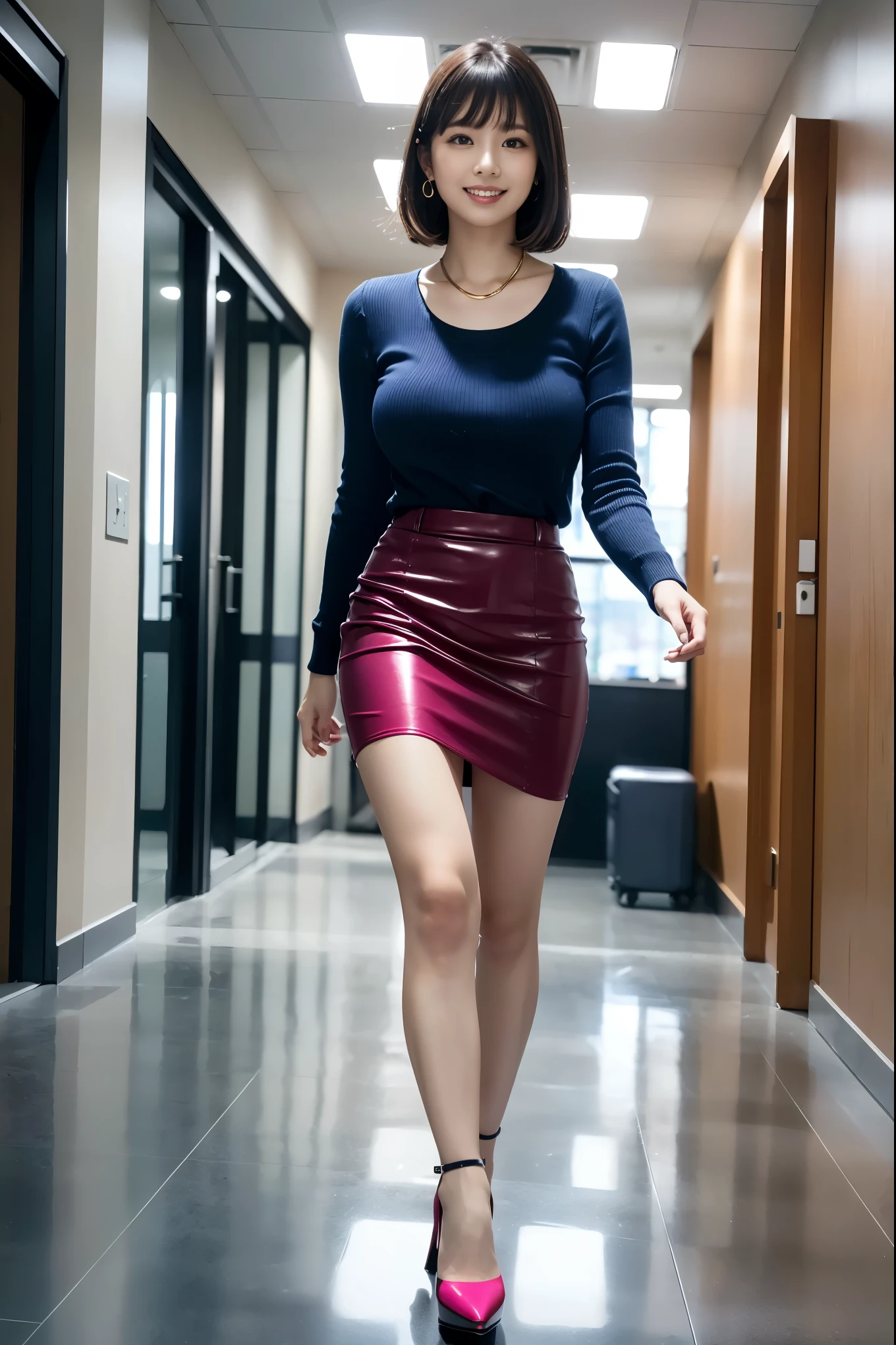 (Best Quality, Masterpiece, Photo realistic, Ultra Detailed, ultra high res, raw:1.3), dynamic lighting, (3girls), beautiful, Japanese, mature, 28yo, office workers, ({gold| silver| wine red| blue| navy| pink} clothes:1.3), (tight knit, mini-skirt), (big breasts:1.3), (bangs), high-waist, (smile), necklace, (long legs, high heels, full body:1.2), (office, hallway), (crowd)