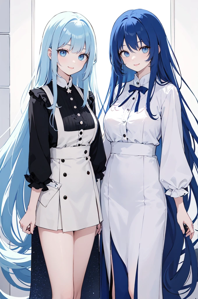 (masterpiece), (best quality), (ultra detailed),(dishevelled hair),(illustration), ((twins sisters, blue hair)(2woman)), long hair, standing, Fashion model ( ying yang clothes), looking at viewer, (interview), (casual school background),beautiful blue eyes, delicate beautiful face, ,(high saturation),(colorful splashes),(shining), blue hair (shining), bangs, best lighting, best shadow. smiling. big breast. ying yang