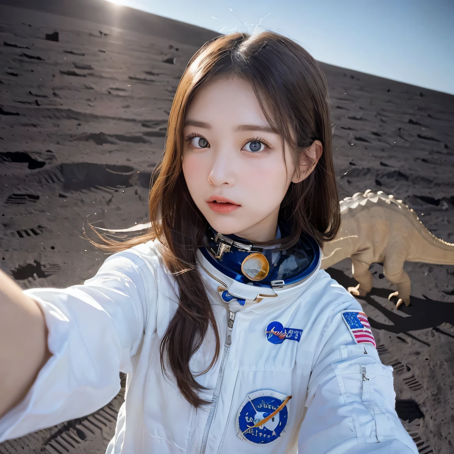 (Girl taking selfie on the moon:1.5) ,(landing on the moon:1.2),( Dinosaurs in the distance:1.5),original photography,(ultimate beauty portrait、dry skin 、top quality、Super detailed、movie light、intricate details、high resolution、Very detailed、1 girl、huge breasts,cold expression、brown hair、Big eyes sparkling like gems、Harajuku、24 year old beautiful girl),Soviet cosmonauts