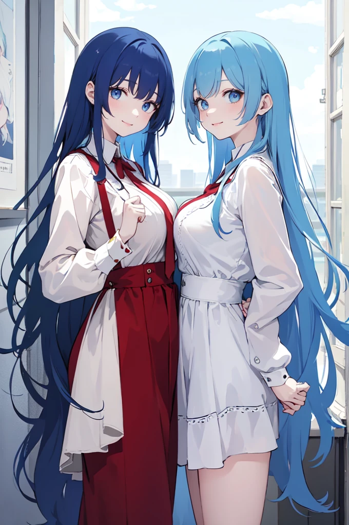 (masterpiece), (best quality), (ultra detailed),(dishevelled hair),(illustration), ((twins sisters, blue hair)(2woman)), long hair, standing, Fashion model ( red clothes), looking at viewer, (interview), (casual school background),beautiful blue eyes, delicate beautiful face, ,(high saturation),(colorful splashes),(shining), blue hair (shining), bangs, best lighting, best shadow. smiling. big breast