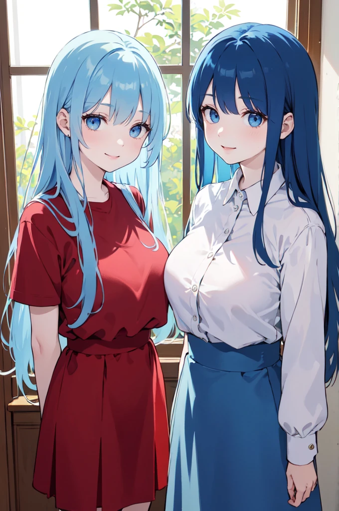 (masterpiece), (best quality), (ultra detailed),(dishevelled hair),(illustration), ((twins sisters, blue hair)(2woman)), long hair, standing, Fashion model ( red clothes), looking at viewer, (interview), (casual school background),beautiful blue eyes, delicate beautiful face, ,(high saturation),(colorful splashes),(shining), blue hair (shining), bangs, best lighting, best shadow. smiling. big breast