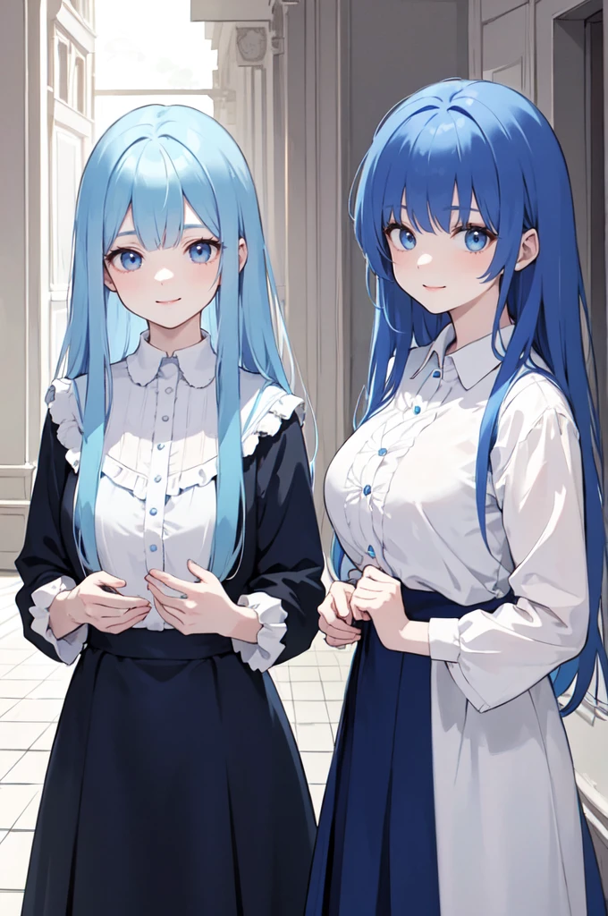 (masterpiece), (best quality), (ultra detailed),(dishevelled hair),(illustration), ((twins sisters, blue hair)(2woman)), long hair, standing, Fashion model ( red clothes), looking at viewer, (interview), (casual school background),beautiful blue eyes, delicate beautiful face, ,(high saturation),(colorful splashes),(shining), blue hair (shining), bangs, best lighting, best shadow. smiling. big breast