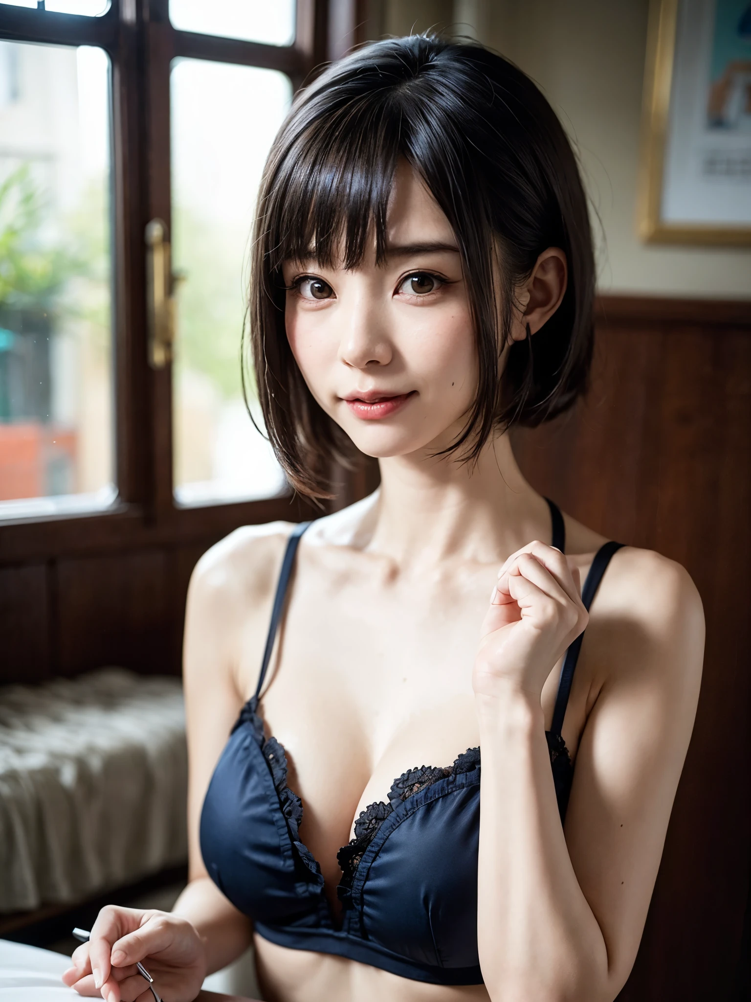 1 girl、highest quality、realistic、Report、Depth of written boundary、natural soft light、daytime、charm、beautiful face、cleanliness、pure face、white skin、cute hawk hair、bangs、beach、Light of the sun、Nedium Breast Body Esbian、((セーター黄金比のbeautiful face 対称性のあるbeautiful face))、long neck、show me your ears、bangsのあるきれいな短いボブヘア、smile with your mouth closed:1.4、smile with your mouth closed:1.4、perfect hands指、perfect hands、perfect body、perfect face、shine a light on the eyes、perfect anatomy:1.4、very cute super model:1.4、{Huge|big|Hugeな|mega} chest:2, cleavage:2