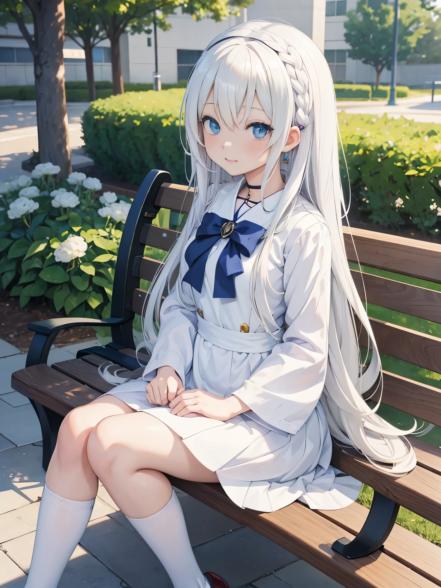 anime girl with long hair and blue eyes sitting on a bench, anime style 4 k, anime visual of a cute girl, perfect white haired girl, girl with white hair, smooth anime cg art, best anime 4k konachan wallpaper, beautiful anime portrait, portrait anime girl, young anime girl, beautiful anime high school girl, cute anime girl, pretty anime girl