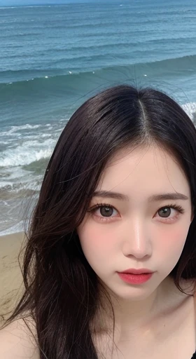 finely, High resolution, high quality、完璧なダイナミックな構figure, beautiful and fine eyes, medium hair, 、natural color lip,Kamimei、Shibuya Ward、20 year old girl、1 person、transparent skin、shining hair、Ocean, 最high quality, figure, super detailed, finely, High resolution, 8K、correct state of the human body、squat、hair flying in the wind、small breasts、camisole、Angle from above、upward glance