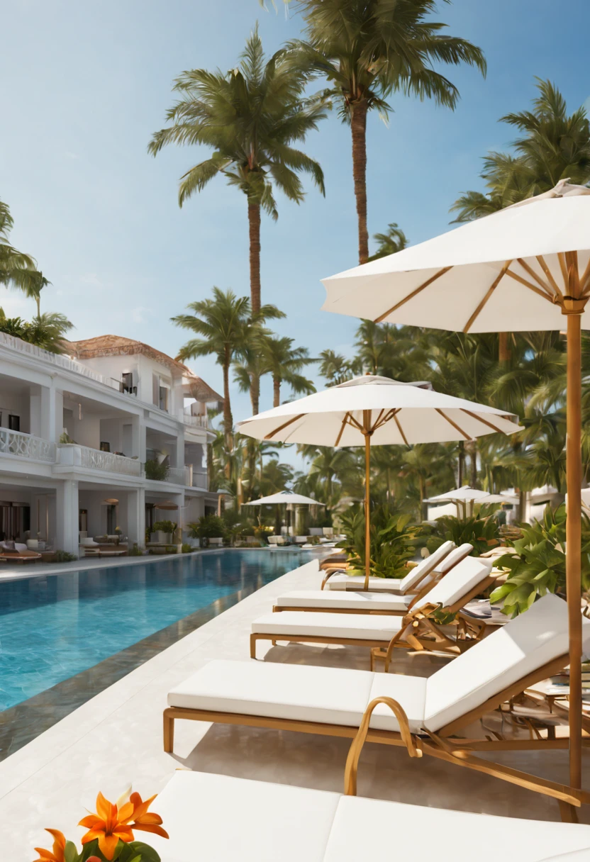 (a luxurious poolside lounge area at a 5-star resort), white cabanas, sun umbrellas, lounge chairs, sparkling pool, palm trees, tropical flowers, relaxation, luxury, oasis, (best quality,4k,8k,highres,masterpiece:1.2), ultra-detailed, (realistic,photorealistic,photo-realistic:1.37), HDR, UHD, studio lighting, extreme detail description, professional, vivid colors, bokeh, portraits, landscape, photography, concept artists, bright and vibrant colors, warm tones, soft and inviting lighting