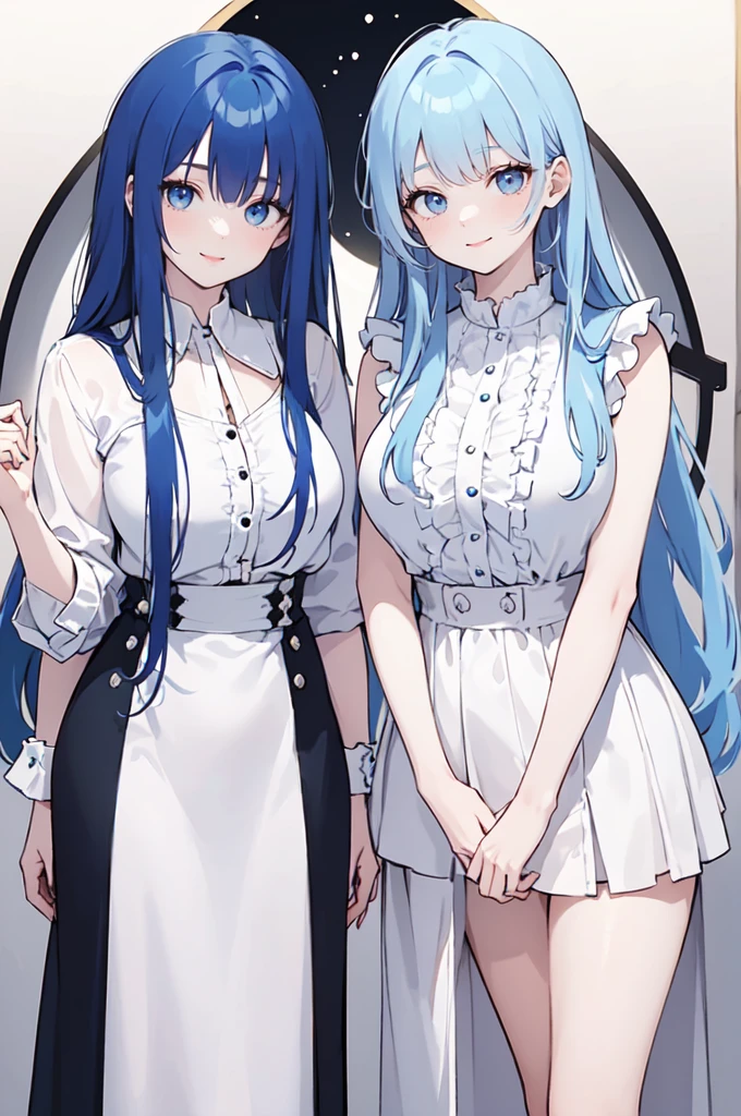 (masterpiece), (best quality), (ultra detailed),(dishevelled hair),(illustration), ((twins sisters, blue hair)(2woman)), long hair, standing, Fashion model ( pink ying yang clothes), looking at viewer, (interview), (casual school background),beautiful blue eyes, delicate beautiful face, ,(high saturation),(colorful splashes),(shining), blue hair (shining), bangs, best lighting, best shadow. smiling. big breast. ying yang