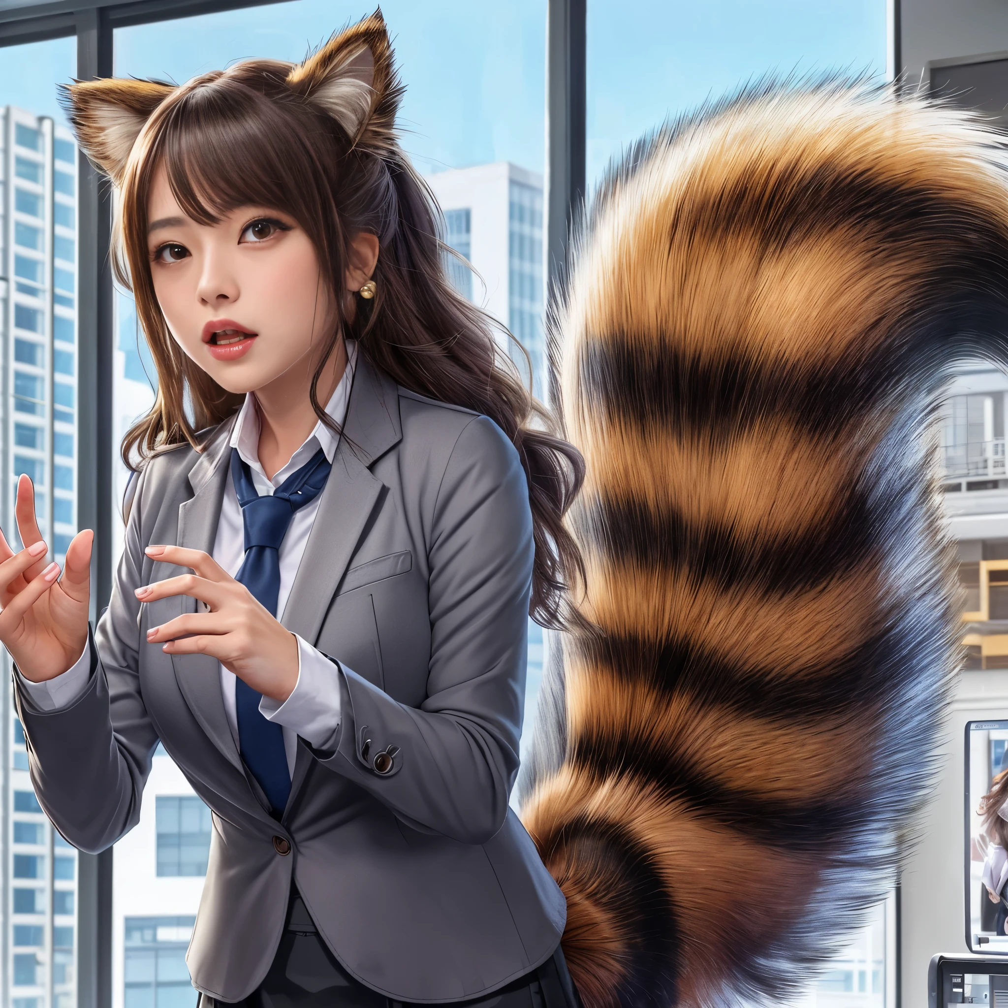 women with a tanuki tail, (software) safe for work, fur with tail, software version, coworkers, realistic style, , realistic style , beautiful girl, photograph, 最high quality, (Her skirt is flipped up and her tail is visible.:1.8) ,Reality, small breasts, slender, white panties,tail from above panties, Tail from inside the skirt, bushy tail, realistic tail, flat chest, (software) safe for work, nffsw, retina, muste piece, Accurate, anatomically correct, super detail, advanced details, high quality, 最high quality, High resolution, 1080p, 4k, 8K, The tail is sticking out from inside the skirt, long tail, crying face, be surprised to see the tail
