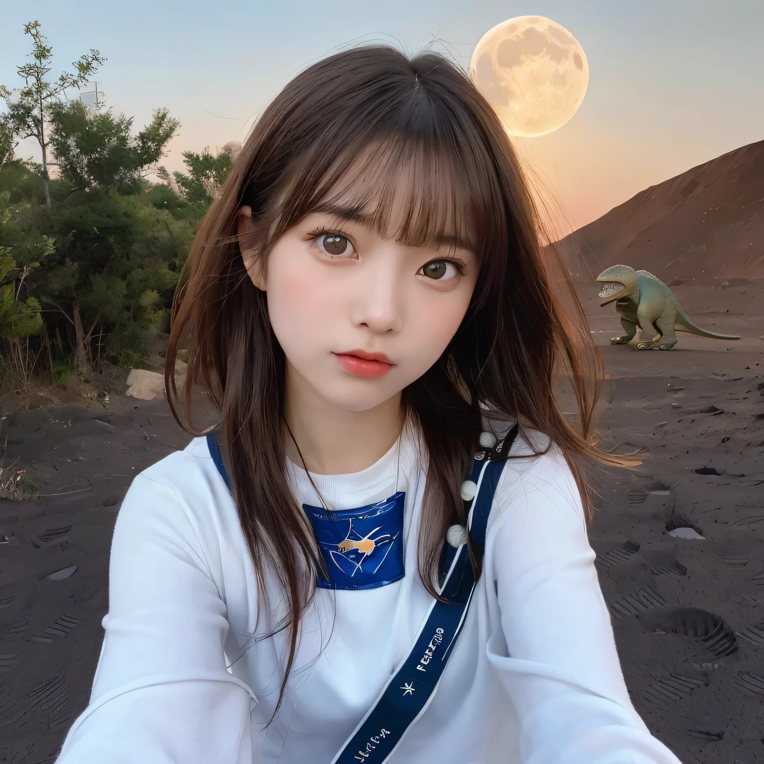 (Girl taking selfie on the moon:1.5) ,(landing on the moon:1.2),( Dinosaurs in the distance:1.5),original photography,(ultimate beauty portrait、dry skin 、top quality、Super detailed、movie light、intricate details、high resolution、Very detailed、1 girl、huge breasts,cold expression、brown hair、Big eyes sparkling like gems、Harajuku、24 year old beautiful girl),Soviet cosmonauts