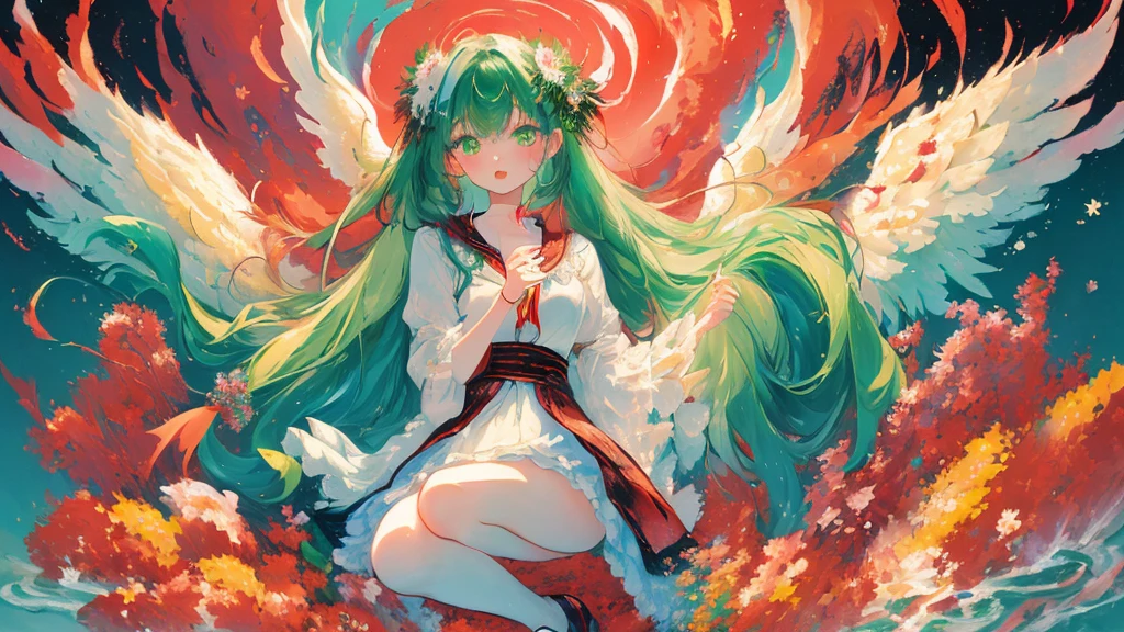 (masterpiece:1.4), (best quality:1.4), (very cute angel girl, ultra-detailed face, jewel-like eye, white very long hair, (((colorful gradation hair))):1.4), (ring of angels:1.4), (angel wings:1.4), (full-body, perfect two arms, perfect two legs:1.4)
BREAK,
(detailed background:1.4), ultra-detailed background, (red Light Effects, floating red cloud, floating green flower:1.4),
BREAK,
(perfect anatomy:1.4), (perfect hand:1.4), (perfect four long fingers and perfect short thumb:1.4), (thumb shorter than other four fingers:1.4),