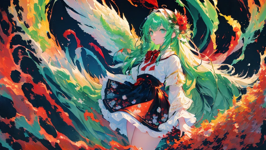 (masterpiece:1.4), (best quality:1.4), (very cute angel girl, ultra-detailed face, jewel-like eye, white very long hair, (((colorful gradation hair))):1.4), (ring of angels:1.4), (angel wings:1.4), (full-body, perfect two arms, perfect two legs:1.4)
BREAK,
(detailed background:1.4), ultra-detailed background, (red Light Effects, floating red cloud, floating green flower:1.4),
BREAK,
(perfect anatomy:1.4), (perfect hand:1.4), (perfect four long fingers and perfect short thumb:1.4), (thumb shorter than other four fingers:1.4),