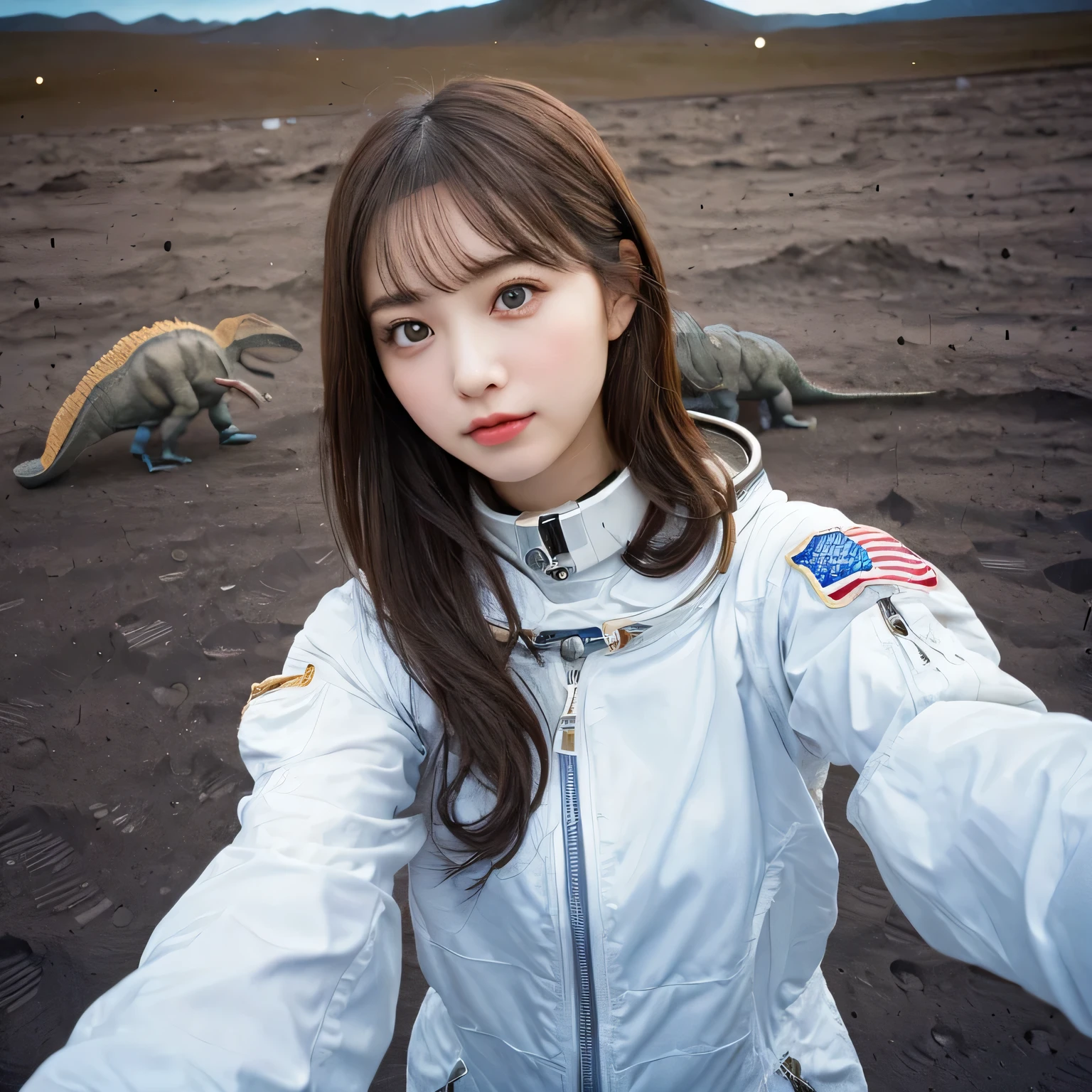 (Girl taking selfie on the moon:1.5) ,(landing on the moon:1.2),( Dinosaurs in the distance:1.5),original photography,(ultimate beauty portrait、dry skin 、top quality、Super detailed、movie light、intricate details、high resolution、Very detailed、1 girl、huge breasts,cold expression、brown hair、Big eyes sparkling like gems、Harajuku、24 year old beautiful girl),Soviet cosmonauts