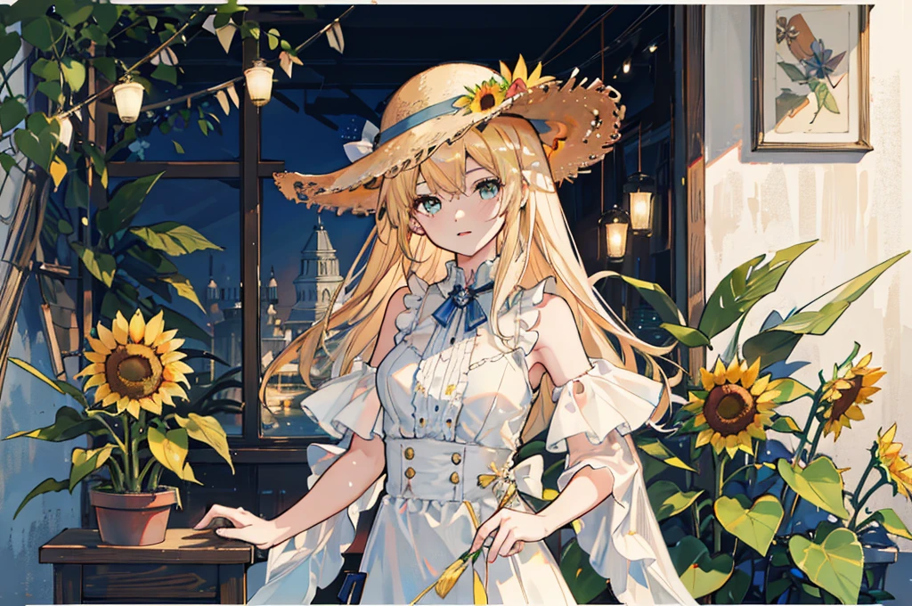 ray tracing,{best quality}, {{masterpiece}}, {highres}, original, extremely detailed 8K wallpaper, {an extremely delicate and beautiful},incredibly_absurdres,colorful,intricate detail,artbook,flower, 1girl, hat, plant, straw_hat, leaf, lily_\(flower\), potted_plant, sleeveless, solo, looking_at_viewer, sunflower, hat_flower, breasts, bare_shoulders, bangs, medium_breasts, upper_body, parted_lips,White skirt