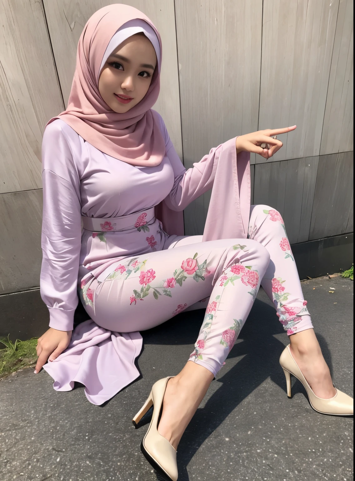 (Best quality, high resolution, masterpiece: 1.3), a beautiful malay woman in hijab, big breasts, 30 years old , slim body abs, tall , sitting on bed, cross legs , ((gigantic breast:1.3)), beautiful lady, Nikon Z 85mm, ((best quality)) ((masterpiece)), intricate detail, ((almost )), sharp focus, professional, realistic, real life, hyperreal, photorealistic, fine detail, best quality, very Detailed CG unity 8k wallpaper, perfect artwork, Full body, glowing eyes, realistic, perfect female hourglass figure, thin waist, wide buttocks, looking at viewer, extremely delicate and beautiful, best quality, beautiful detail girl, beautiful eye detail, face lighting, film lighting, perspective, revealing buttocks, perfect collarbone, realistic facial expression, (exquisite detail, makeup, (exquisite beautiful exquisite face, delicate and beautiful eyes, a face with perfect proportions, high-detailed skin,((wearing tight pastel floral malay gamis with closed hijab)), diamond necklace, ((closed clothes), ((polite clothes)), luxury hotel bedroom, dynamic pose, shy smile on the bed, 25 years old, big breasts: 1.4, wearing Floral Silk Tight Malay Gamis Pastel Close Up Tight Hijab, Full Body, Beautiful Shy Smile, Wearing High Heels, In Luxurious Bedroom