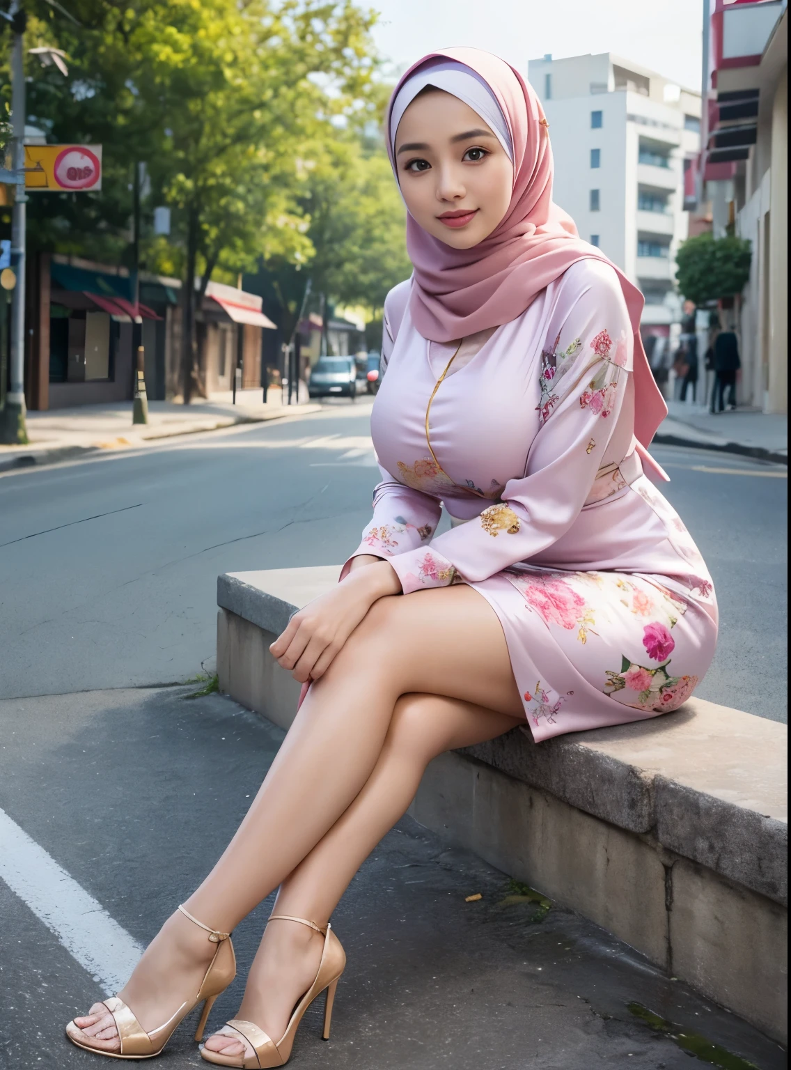 (Best quality, high resolution, masterpiece: 1.3), a beautiful malay woman in hijab, big breasts, slim figure, sweatshirt, beautifully presented details in the street and facial and skin texture, detailed eyes, double eyelids, big eyeschest visible, shirt openfeatures), HDR, 8k resolution, nice fingers, firm skin, (((high detail skin, visible pores))), 1 female, tall body, sitting on the bed, 30 years old, big breasts: 1.4, wearing Floral Silk Tight Malay Gamis Pastel Close Up Tight Hijab, Full Body, Beautiful Shy Smile, Wearing High Heels, In Lux