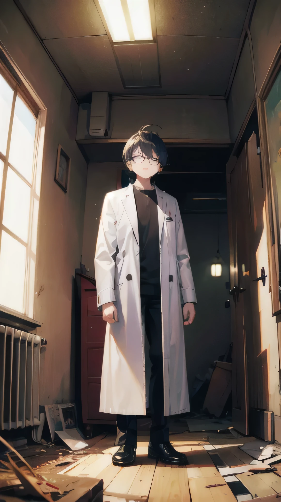 boys、Glasses、white coat、Inside a dilapidated house、night