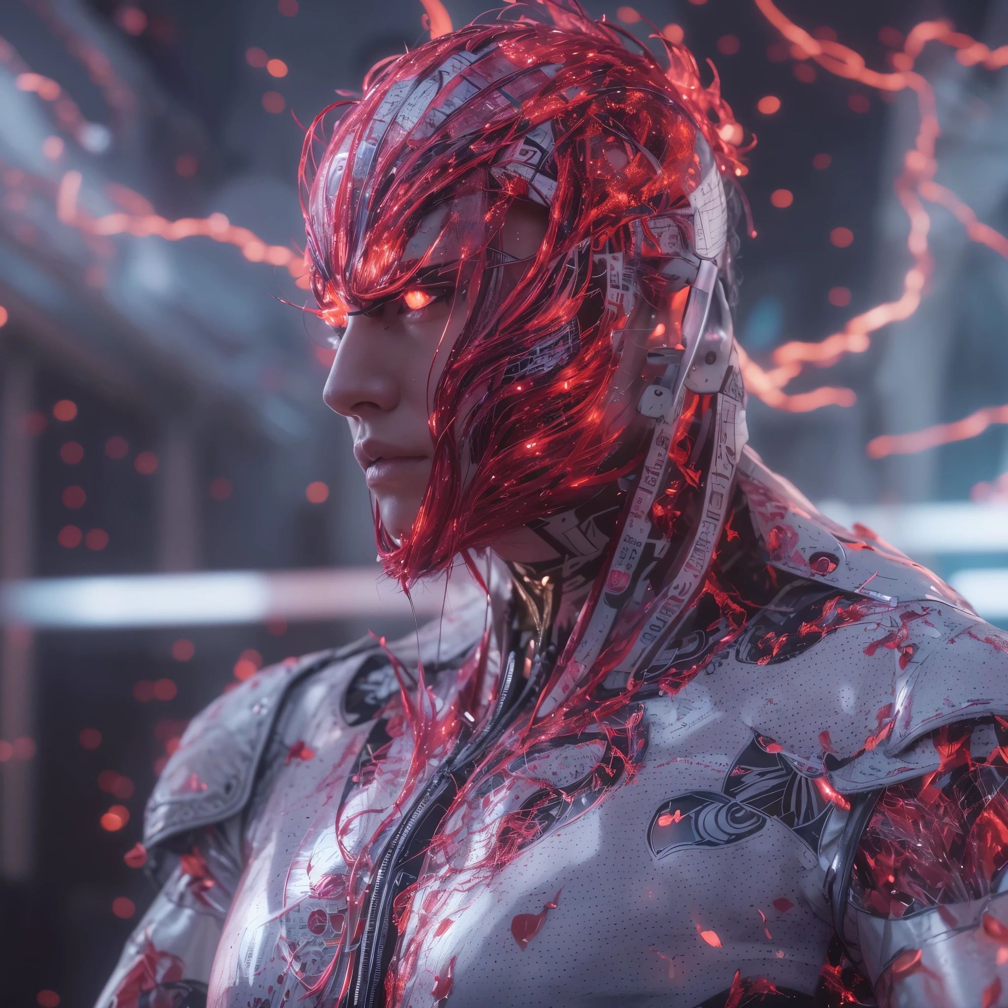 Incredibly Spectacular Scenes, ((High Quality)), ((Details)), ((Photoreal)), Red Lightning, Red Snow, Lightning God, Incredible Beauty, Top Quality, 4K, Portrait, Image quality (3D rendering effects), exquisite details, half-mechanical android face, artificial intelligence, the greatest work of art of the century