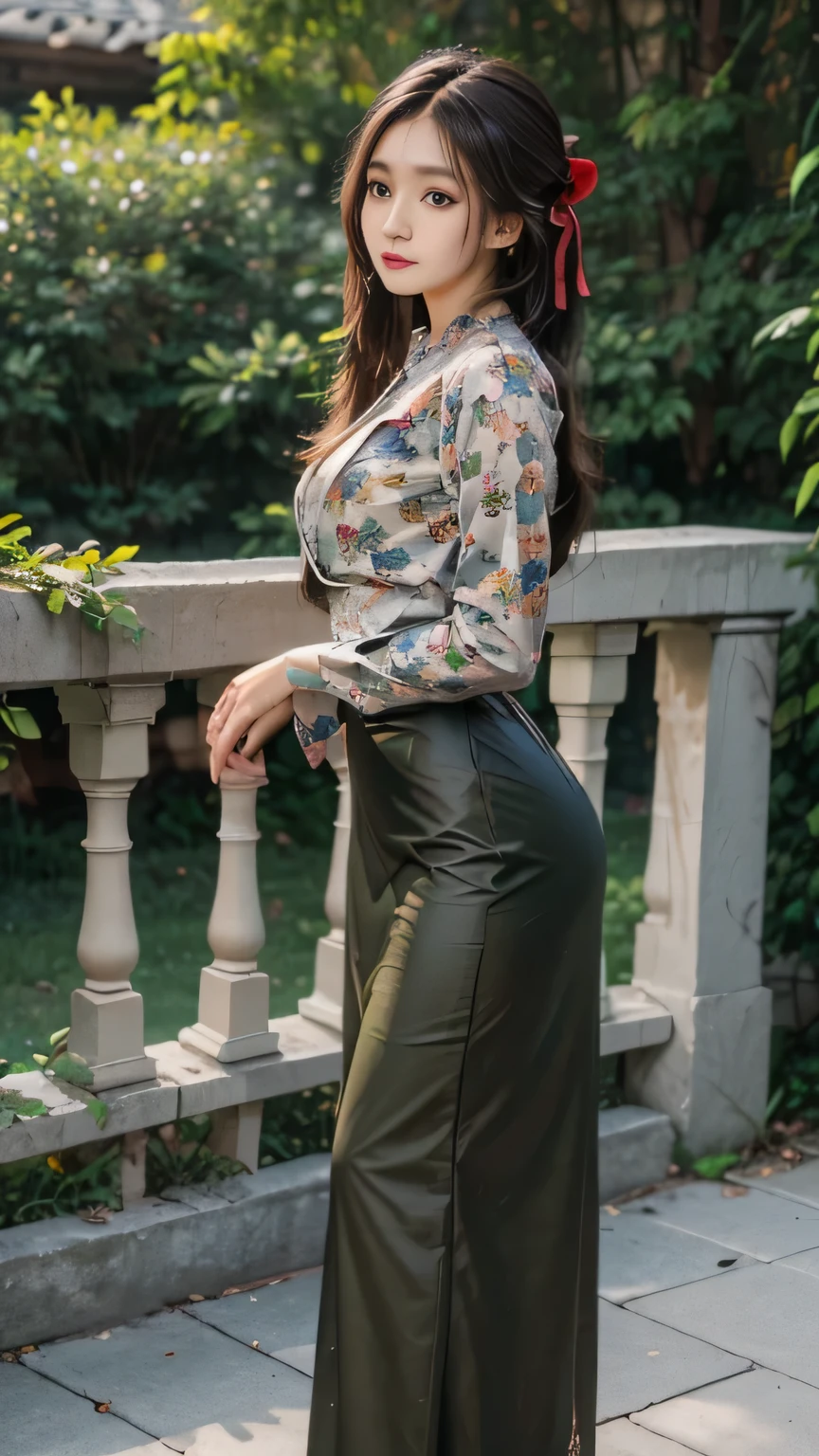 masterpiece, best quality, ultra detailed, high resolution, 1 girl, long black hair, ((hair ribbon,)) standing and looking at the viewer, girl, woman, acmm ls outfit, wearing acmm top, olive green acmm top, long sleeves, wearing acmm long skirt, olive green acmm long skirt, printed skir