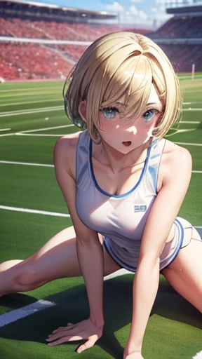 highly detailed images, 8K quality, european junior high school girl, beautiful girl, blonde, short hair, small breasts, beautiful feet,slimming, blush, Outside the athletics stadium, crawl on all fours, Butt is the main character,stick out your butt, Open your mouth wide and stick your tongue out, white skin, A frustrated look on his face, looking at the camera, My whole body is covered in sweat,white tank top,raise one&#39;s hips,Stretch your knees,Stretch your elbows,knees do not touch the ground,long legs,White Wear,The fabric of what I&#39;m wearing is very thin and very transparent.,spread your legs apart,What I&#39;m wearing is wet,The location is the athletics stadium track.