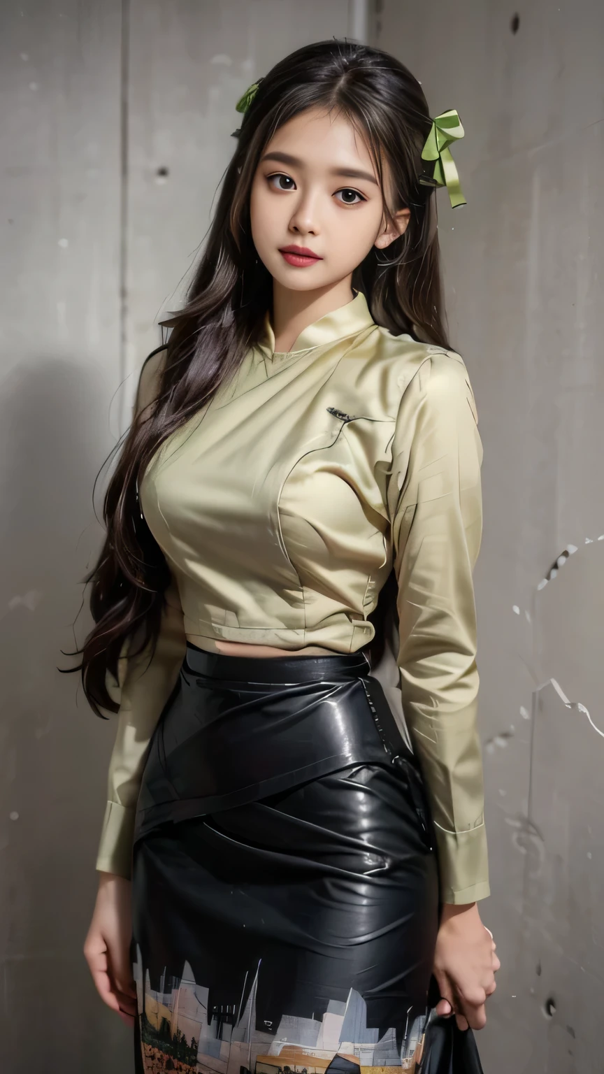 masterpiece, best quality, ultra detailed, high resolution, 1 girl, long black hair, ((hair ribbon,)) standing and looking at the viewer, girl, woman, acmm ls outfit, wearing acmm top, olive green acmm top, long sleeves, wearing acmm long skirt, olive green acmm long skirt, printed skirt