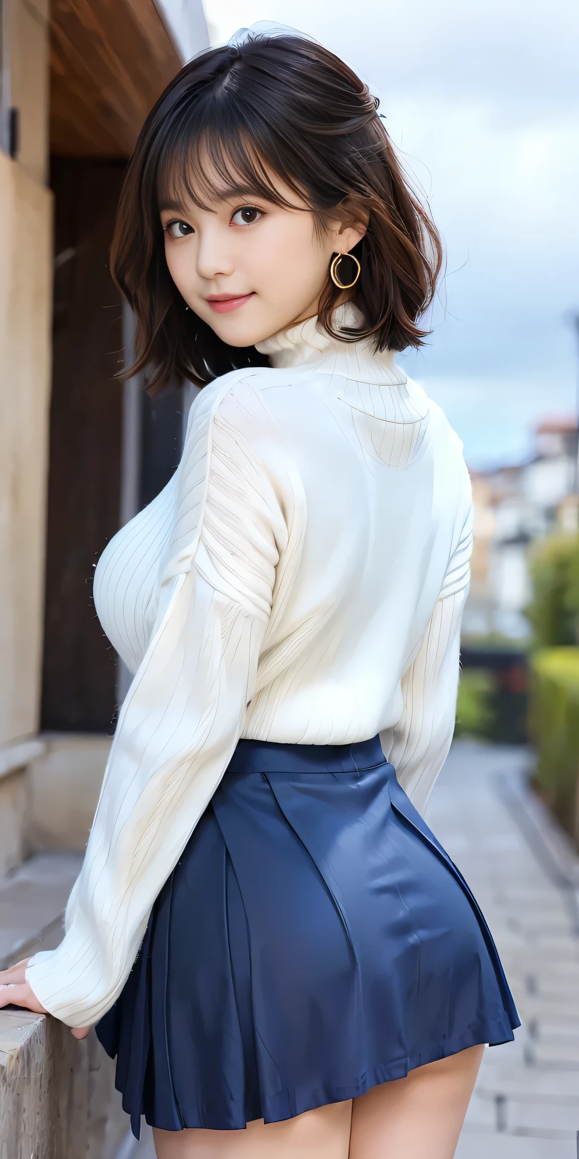 woman, 20-year-old, short black wavy hair、bangs、Plump nipples、(white turtleneck knit)、(blue long skirt), (facing the front)、medium milk, cute smile、((Pose that emphasizes the buttocks、looked back))、sexy hips、black high heels、big necklace、((((the wind blew my skirt, expose my panties...))))、(light blue lace panties)、cute earrings、(Please tilt your head slightly)