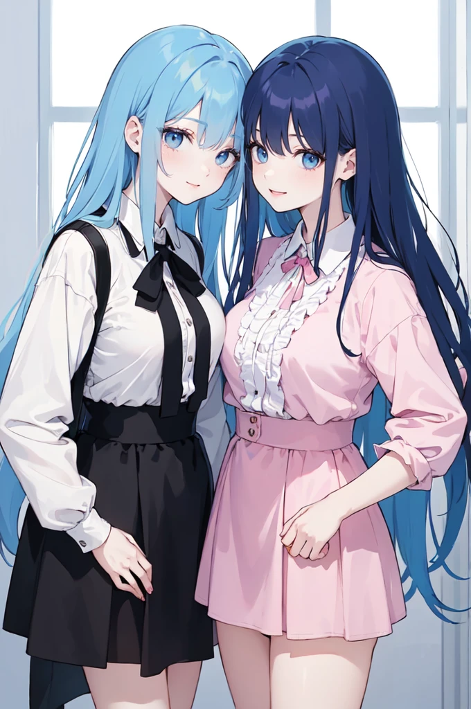 (masterpiece), (best quality), (ultra detailed),(dishevelled hair),(illustration), ((twins sisters, blue hair)(2woman)), long hair, standing, Fashion model ( modern clothes), looking at viewer, (interview), (casual background),beautiful blue eyes, delicate beautiful face, ,(high saturation),(colorful splashes),(shining), blue hair (shining), bangs, best lighting, best shadow. smiling. big breast.  (sister love)