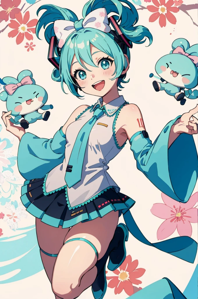 cinnamiku, short hair, upper body, smile, blush, :D, posing, full body, floral background