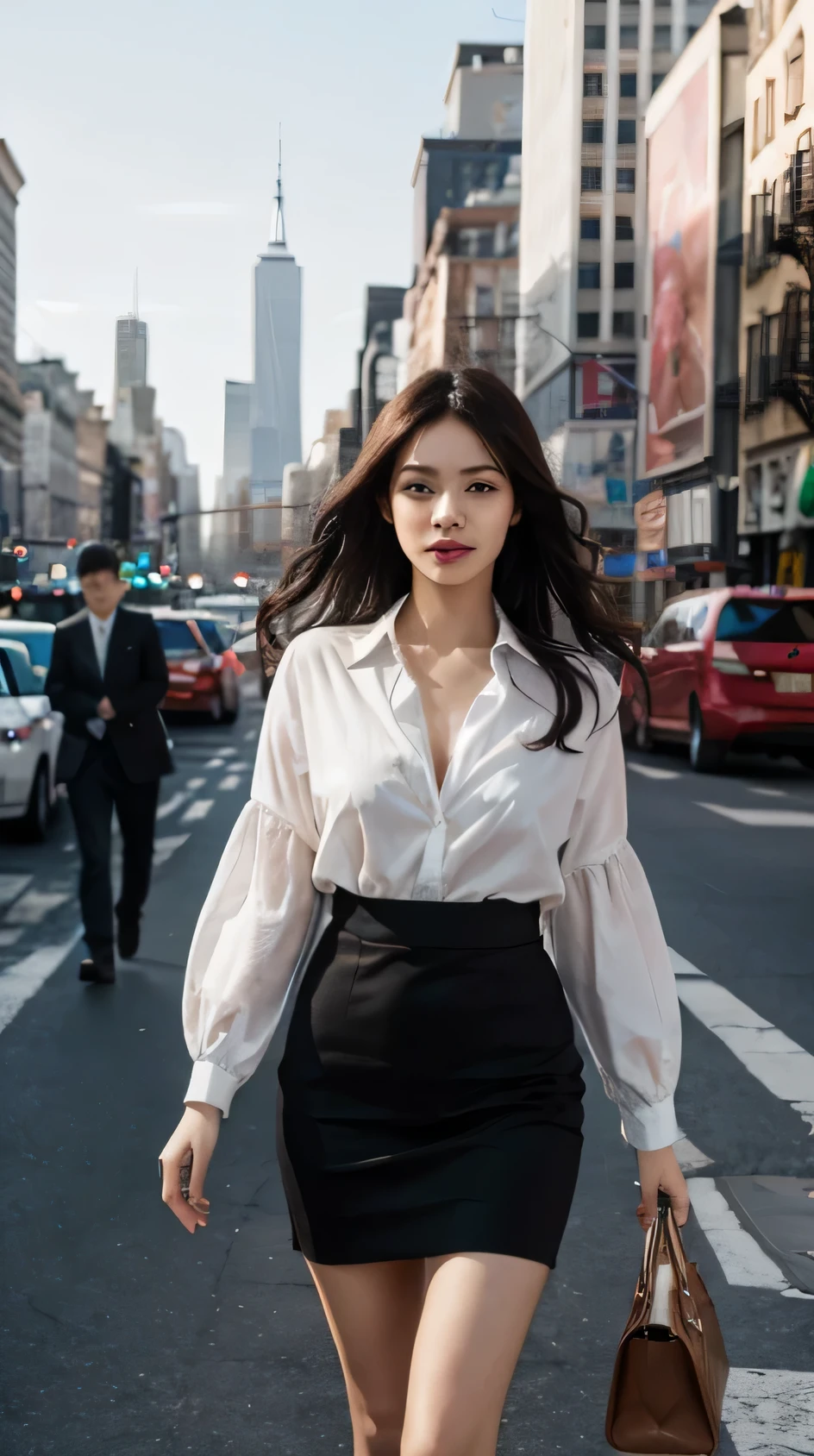 8k, best quality, masterpiece, realistic, ultra detail, photo realistic, Increase quality, a photo of a girl standing in new york city , in the style of light and brooding designer, voluminous mass, photobash, serene faces, jagged edges, hair black and white strips, natural beauty, natural walking pose, business casual