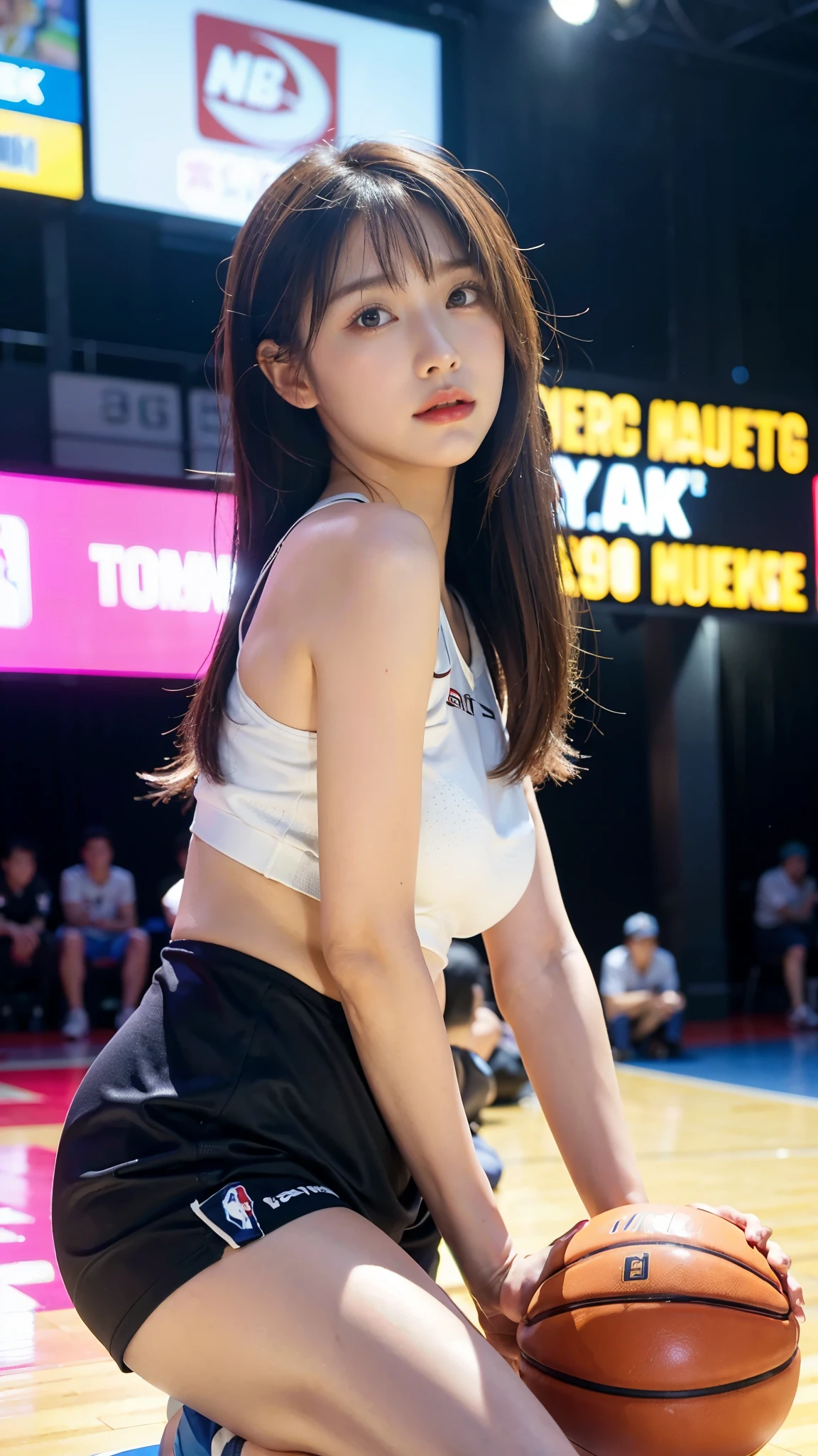 (RAW photo, 4K, masterpiece, High resolution, very complicated) (reality的な: 1.4), Cinematic lighting 1 girl, focus only, Summer Day, hot, 1990s\(style\), (highest quality), (High resolution), (very delicate and beautiful),,(Beautiful 8K face),(brown eyes),(Ulzzang-6500:1.0),(alone),(Looking ~ side),( audience),(big breasts),(NBA),bent down,,look~ side,(~ side), ,(basketball sportswear),((play basketball)),((Gym)),((speed)),(reality),