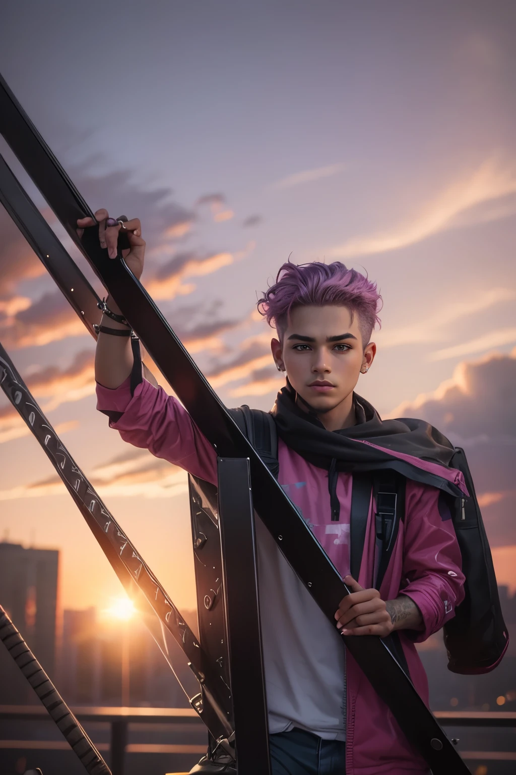 a male ager, short purplish pink hair shaped into a messy mullet. fair skin, brown eyes, face piercings. lip piercing, eyebrow piercings, nose piercings. grunge/alt clothing style.