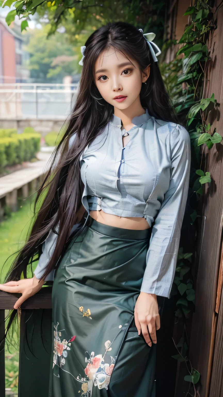 masterpiece, best quality, ultra detailed, high resolution, 1 girl, long black hair, ((hair ribbon,)) standing and looking at the viewer, girl, woman, acmm ls outfit, wearing acmm top, olive green acmm top, long sleeves, wearing acmm long skirt, olive green acmm long skirt, printed skirt, outdoor background