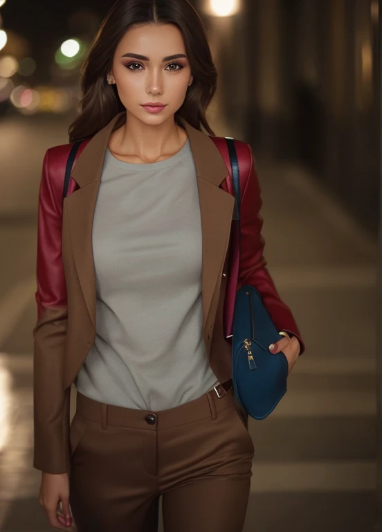 woman in a brown jacket and tan pants holding a blue purse, elegant girl in urban outfit, cinematic outfit photo, elegant fashion model, sophisticated young woman, jacket over bare torso, woman model, fashionable woman, close portrait, brown jacket with long sleeves, inspired by Carlo Mense, wearing elegant casual clothes, medium close-up shot, in the evening