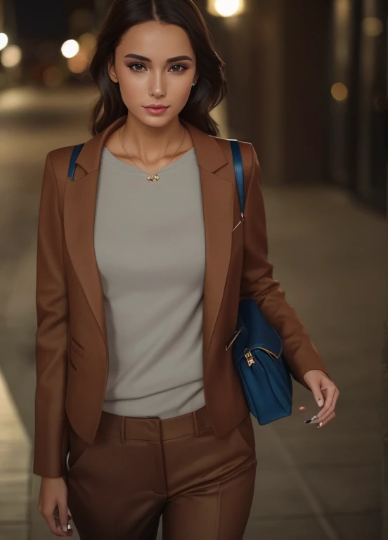 woman in a brown jacket and tan pants holding a blue purse, elegant girl in urban outfit, cinematic outfit photo, elegant fashion model, sophisticated young woman, jacket over bare torso, woman model, fashionable woman, close portrait, brown jacket with long sleeves, inspired by Carlo Mense, wearing elegant casual clothes, medium close-up shot, in the evening