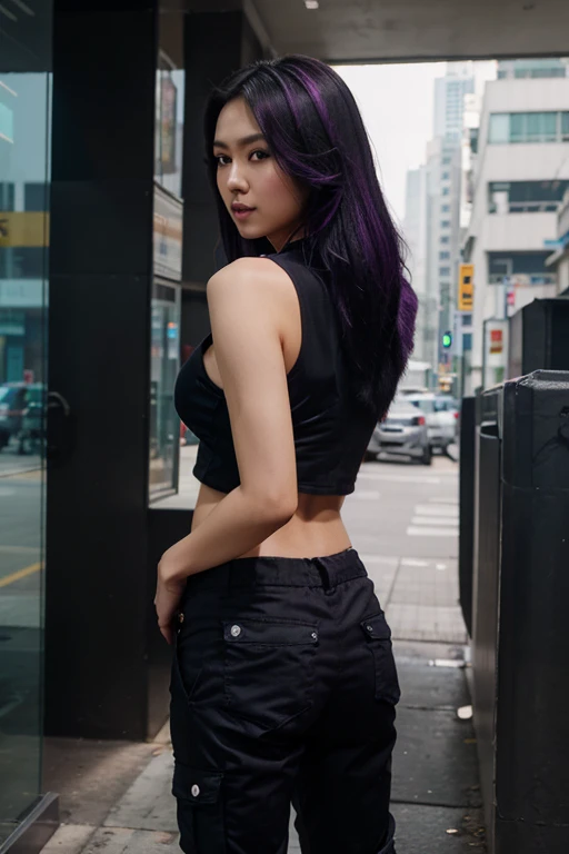 Full body, standing, behind shoot, (RAW photo, highest quality), (realistic, photorealistic) Fei Liang 25 year old Asian girl, beautilul and very detailed face, thin and sexy body, punk haircut, shoulder length hair, loose hair. black hair with a purple streak, from behind, looking at the camera,wearing a tight cargo pants in black and opaque synthetic fabric, short sleeveless blouse color blue (shows navel), cyberpunk style Asian city, daylight and tall buildings