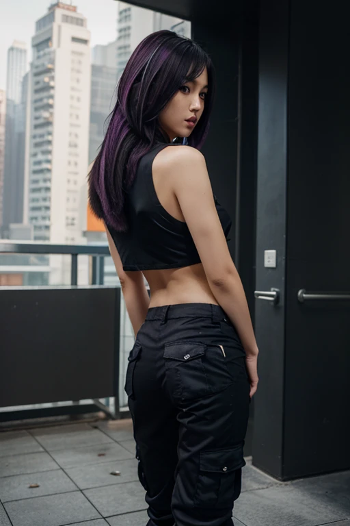 Full body, standing, behind shoot, (RAW photo, highest quality), (realistic, photorealistic) Fei Liang 25 year old Asian girl, beautilul and very detailed face, thin and sexy body, punk haircut, shoulder length hair, loose hair. black hair with a purple streak, from behind, looking at the camera,wearing a tight cargo pants in black and opaque synthetic fabric, short sleeveless blouse color blue (shows navel), cyberpunk style Asian city, daylight and tall buildings