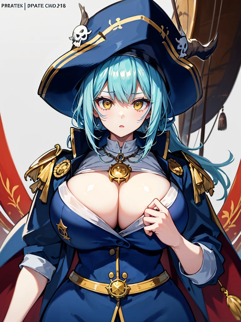 (((masterpiece、Highest image quality、highest quality、highly detailed unity 8kwallpaper)))、((Illustration of one girl、upper body))、(((beautiful girl)))、(female pirate)、(Light light blue hair、short ponytail:1.2、yellow eyes)、((tall))、(((muscle girl, muscle, bulky figure, massive frame, thick neck, sturdy arms, powerful legs)))、(captain's suit、Pirate hat、Blue coat)、Pirate ship deck