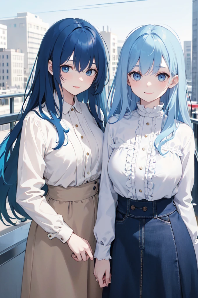 (masterpiece), (best quality), (ultra detailed),(dishevelled hair),(illustration), ((twins sisters, blue hair)(2woman)), long hair, standing, Fashion model ( modern clothes), looking at viewer, (interview), (casual background),beautiful blue eyes, delicate beautiful face, ,(high saturation),(colorful splashes),(shining), blue hair (shining), bangs, best lighting, best shadow. smiling. big breast.  (sister love)