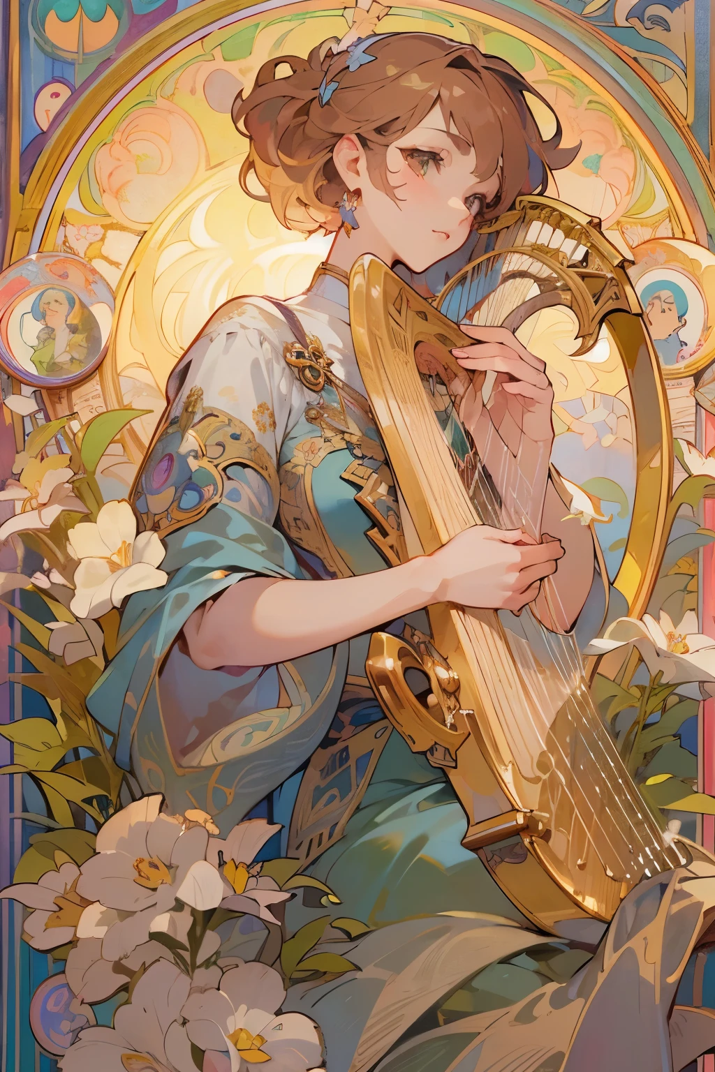 masterpiece, highest quality, super detailed,(Highly detailed CG Unity 8K wallpaper), (highest quality), (best illustrations), Beautiful woman、playing a harp, elegant, soft color, horoscope、Virgo, Mysterious, Alphonse Mucha, Art Nouveau line, awesome full color,　watercolor painting　facing forward、looking at the camera