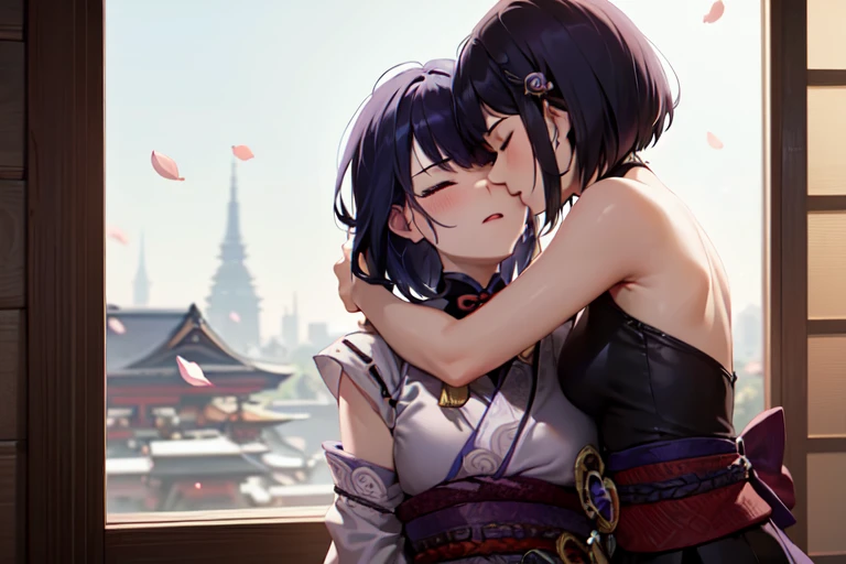 (masterpiece, best quality), 2girls, kissing, kiss, yuri, hugging each other, (upper body:1.3), closed eyes, (naked:1.2), standing, window, cherry blossoms background, sakura, windy, blush, embarrassed, BREAK kujousaradef, kujousararnd, BREAK raidenshogundef, raidenshogunrnd,