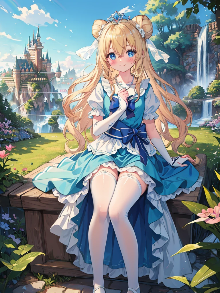 photo realistic, (masterpiece,best quality:1.4),(8k,raw photo,photo realistic:1.2), detailed skin, detailed face,1girl,Japanese Princess, cute face, ,  Not Safe for Work, (raw photo, photo realistic: 1.2), 
((topknot)), length hair, blue eyes, (blonde hair), light smile, shiny wavy hair, (ballgown), diadems, Princess doress, the bow, wonderland, shortsleeves, the bow hair, a smile, red blush, Blue Doress, Hair Between Eyes, White Panties Hose, ((Blue the Bow)), A Throne, Puffy Sleeves, Bangss, (tiara), (necklace), (bridal gauntlets), foot out of frame, frilld, : q, masterpiece, top-quality, (worn skirt, twat, camel's toe)), not safe for work, , 14-yo, braided bangs,
yumekawa,yumekawaii,pastel color,(wonderland garden:1.3),rainbow waterfall,dripping ink,imagination,(Castle:1.4),