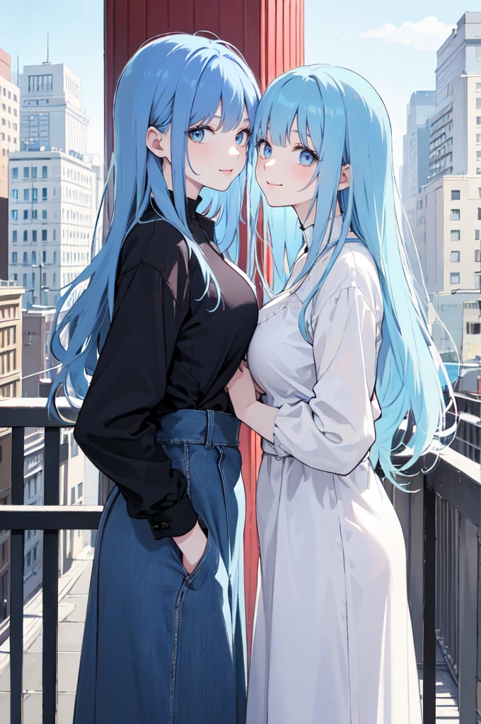 (masterpiece), (best quality), (ultra detailed),(dishevelled hair),(illustration), ((twins sisters, blue hair)(2woman)), long hair, standing, Fashion model ( modern clothes), looking at viewer, (interview), (casual background),beautiful blue eyes, delicate beautiful face, ,(high saturation),(colorful splashes),(shining), blue hair (shining), bangs, best lighting, best shadow. smiling. big breast.  (sister love)