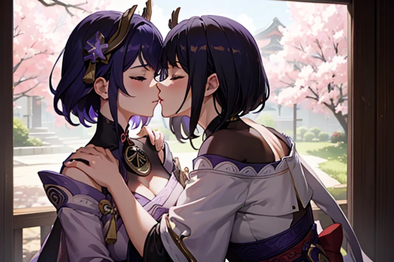 (masterpiece, best quality), 2girls, kissing, kiss, yuri, hugging each other, (upper body:1.3), closed eyes, (naked:1.2), standing, window, cherry blossoms background, sakura, windy, blush, embarrassed, BREAK kujousaradef, kujousararnd, BREAK raidenshogundef, raidenshogunrnd,