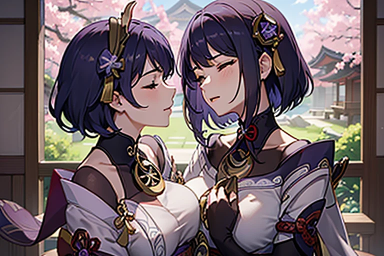 (masterpiece, best quality), 2girls, kissing, kiss, yuri, hugging each other, (upper body:1.3), closed eyes, (naked:1.2), standing, window, cherry blossoms background, sakura, windy, blush, embarrassed, BREAK kujousaradef, kujousararnd, BREAK raidenshogundef, raidenshogunrnd,
