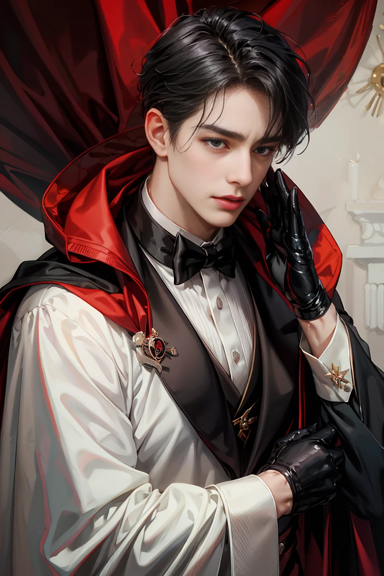 masterpiece, 最high quality, high quality, 1 boy, alone, male focus, looking at the viewer, whole body, Winning spirit_destiny, dirty black hair, blue adorable big eyes, white people, Noble, Noble, Noble的な吸血鬼、Classy tuxedo,A very large and long red and black cloak with a large collar, 30 years old,cute beautiful boy,cute cute crying face
